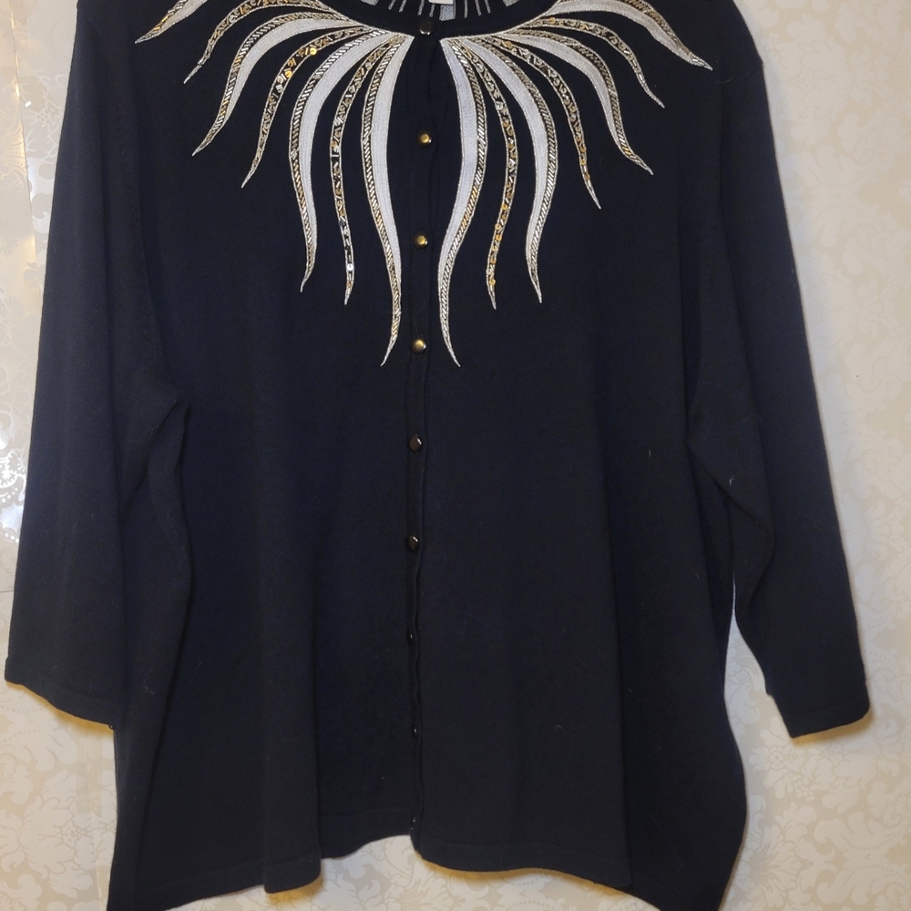Bob Mackie Black Button-Down Shirt with Gold and White Accents